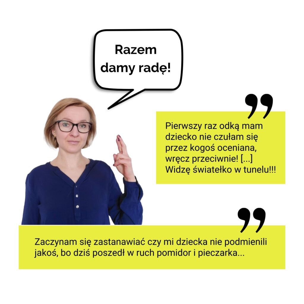 konsultacje online - Marta krzyżyjąca palce z tekstem "Razem damy radę" + opinie rodziców