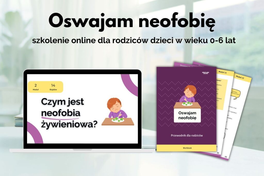 zawartość szkolenia online na temat neofobii żywieniowej — nagranie przedstawione na laptopie oraz kilka stron workbooka