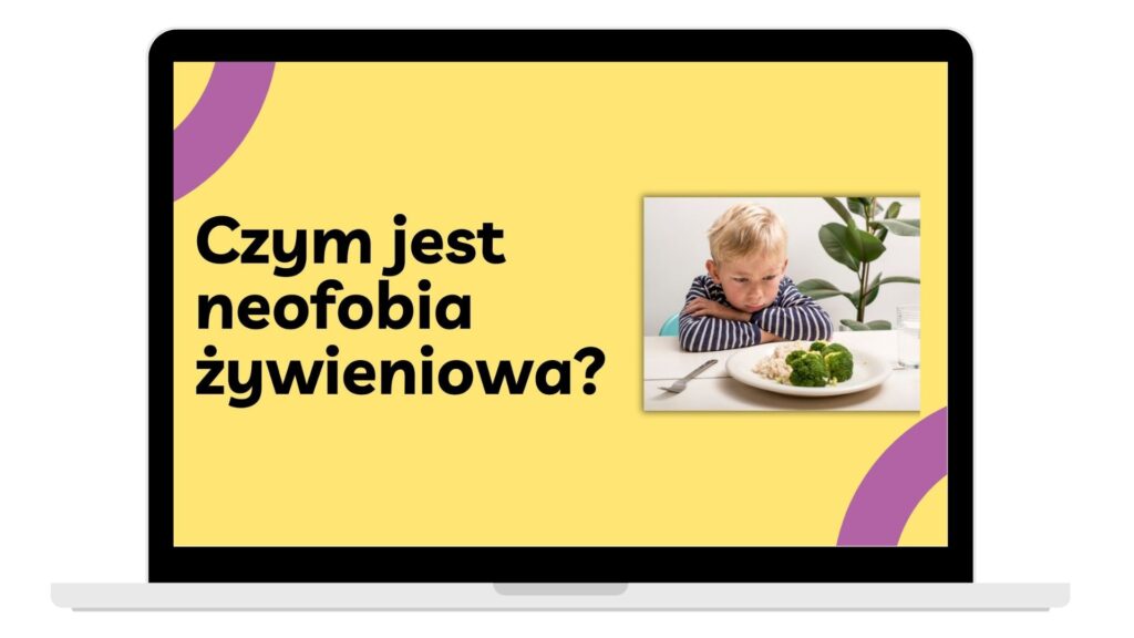 laptop ze slajdem z napisem "czym jest neofobia żywieniowa?" i zdjęceim chłopca patrzącego na talerz brokułów