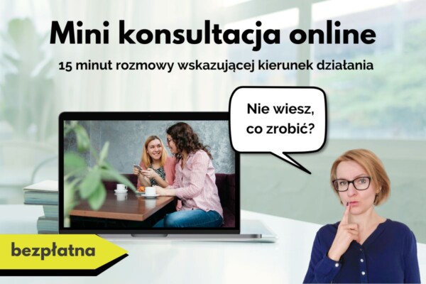 bezpłatna mini konsultacja online - 15 minut rozmowy wskazującej kierunek działania - zadumana Marta z laptopem