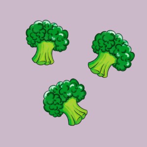 trzy brokuły rysunkowe na fioletowym tle