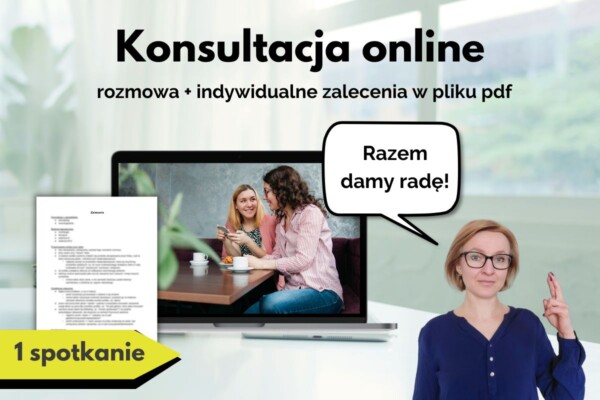 konsultacja online - pojedyncze spotkanie - Marta trzymająca kciuki za sukces, obok laptop