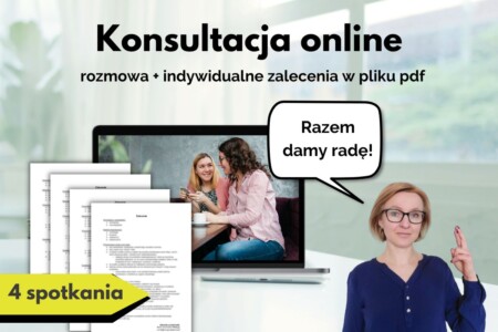 konsultacja online - pakiet 4 spotkań - Marta trzymająca kciuki za sukces, obok laptop