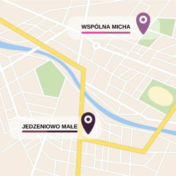 plan miasta z oznaczonymi punktami Jedzeniowo Małe i Wsolna Micha