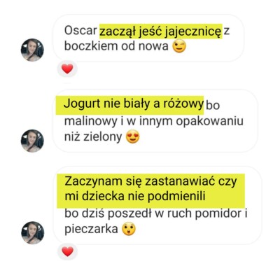 opinia o konsultacji - screen wiadomości - dziecko je jajecznicę