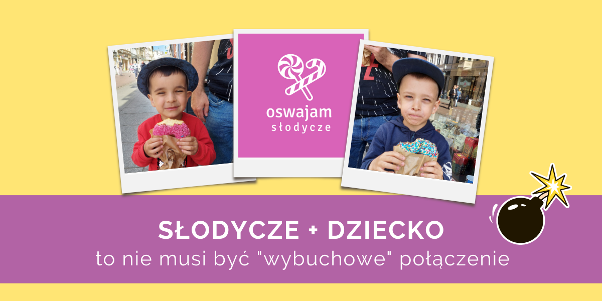 chłopcy jedzący donuty z posypką z podpisem "słodycze + dziecko to nie musi być wybuchowe połączenie"