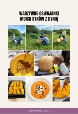 kolejne etapy oswajania dzieci z dynią - od zbiorów, przez krojenie, pieczenie i zupę dyniową