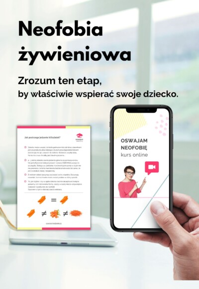 kurs online na temat neofobii żywieniowej — kartka z notatek oraz nagranie pokazane na telefonie komórkowym trzymanym w dłoni