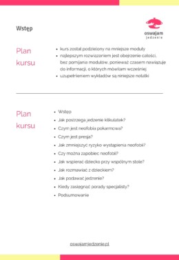 kartka z notatek z kursu o neofobii żywieniowej - plan kursu