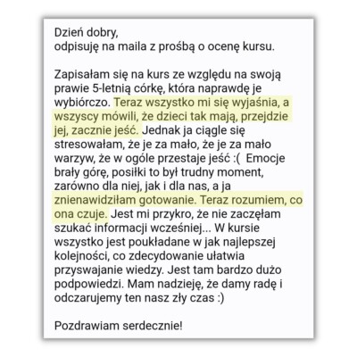 opinia o kursie o neofobii: zrozumienie dziecka, dużo podpowiedzi, dobrze poukładana wiedza