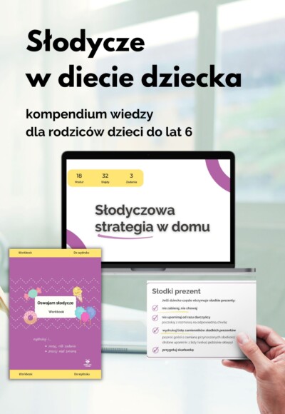 zawartość pakietu Oswajam Słodycze - workbook, ściągi, nagrania