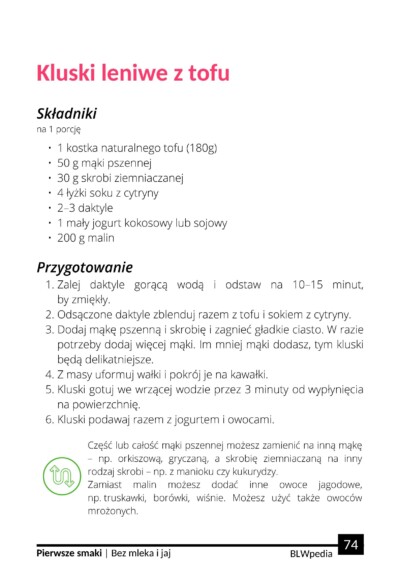 strona 74 ebooka "Pierwsze Smaki - Bez mleka i jaj - kompendium z jadłospisem"