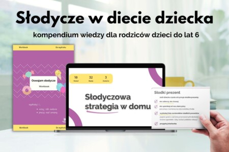 zawartość pakietu "słodycze w diecie dzieci" - nagranie przedstawione na laptopie, okładka workbooka oraz ściągi trzymane w ręce