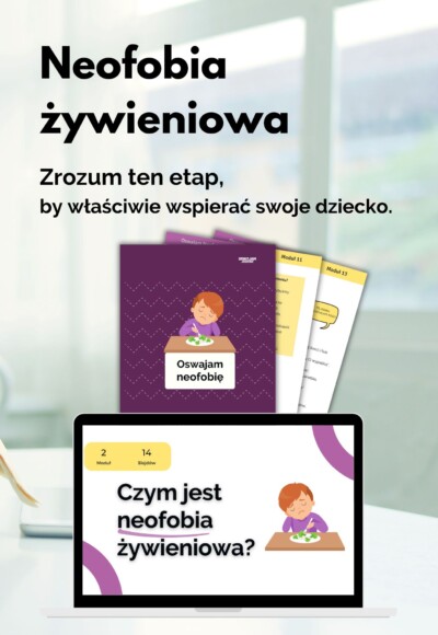 kurs online na temat neofobii żywieniowej — kilka kartek z workbooka oraz nagranie pokazane na laptopie
