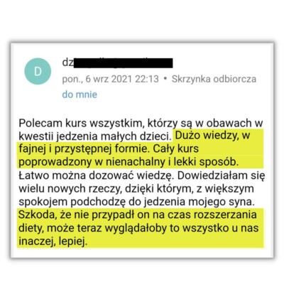 opinia o kursie o neofobii: ogrom wiedzy w przystępnej formie, większy spokój przy karmieniu syna