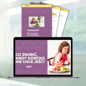 zawartość pakietu "co zrobić, kiedy dziecko nie chce jeść?"- slajd na laptopie i workbook